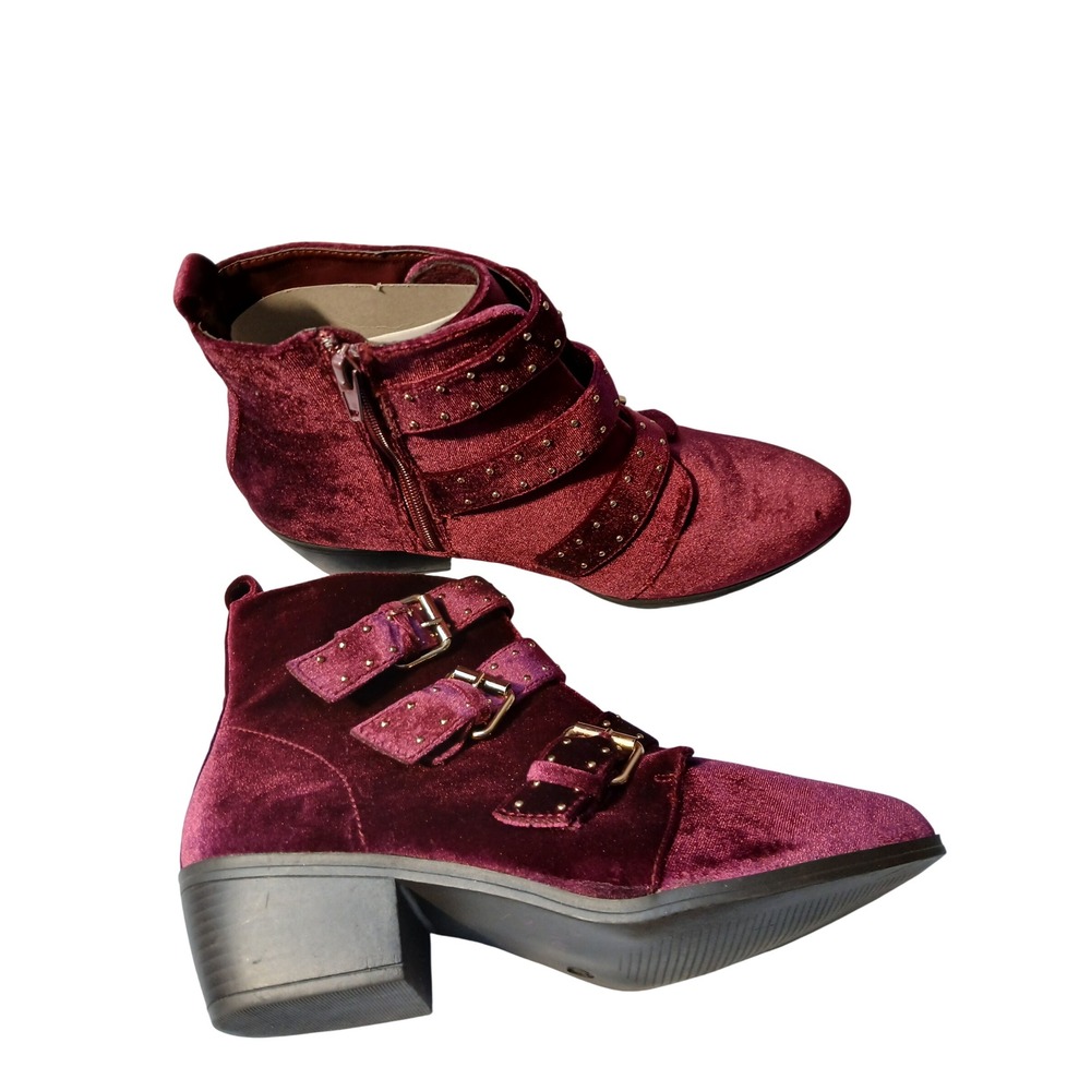 Burgundy Velvet Triple Buckle Studded Ankle Boots Block Heel Pointed Toe Size 11